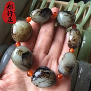 郑行亚正宗新疆和田玉黑皮籽料单圈手链手串真玉男士手串附书正宗 料