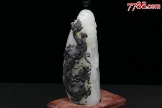 和田黑皮白玉籽料巧色精雕降龙罗汉小摆件送证=编2