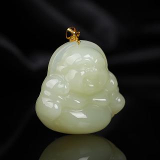 er26218 和田玉青玉18k金镶佛公吊坠